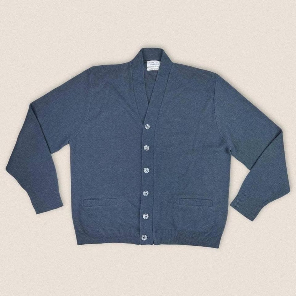Vintage Cardigan 50s 60s Blue Sweater grandpa Size XL Sears‎ Roebuck Sportswear